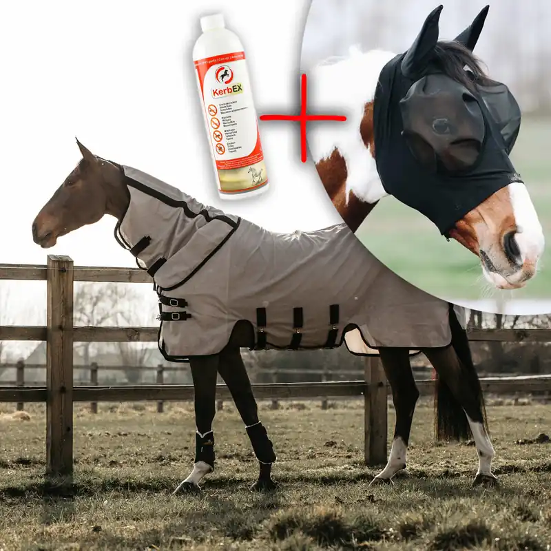 [Paket] Kentucky Horsewear Mesh Fly Rug - beige + Kentucky Horsewear Fly Mask Slim Fit + KerbEx Insektenschutzspray , 130 Kostenfreie Lieferung